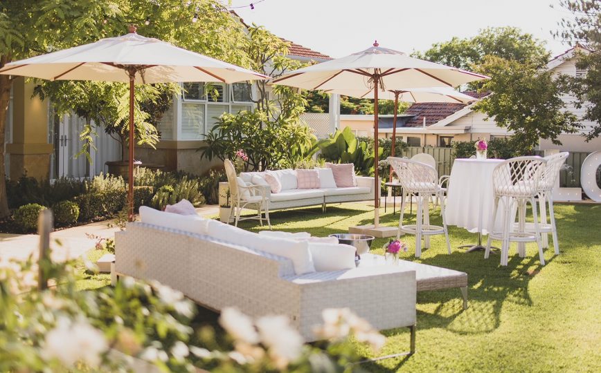 Market Umbrellas, Wicker Lounges, Hamptons High Chairs and Tables
